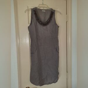 Lina Tomei Womens Dress Size S Gray Linen Stretch Beaded Neckline summer